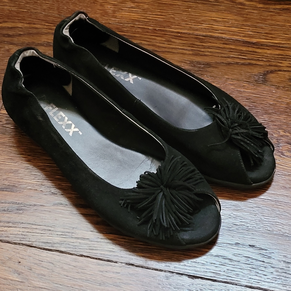 Black Suede Pom Pom Flats from the FLEXX